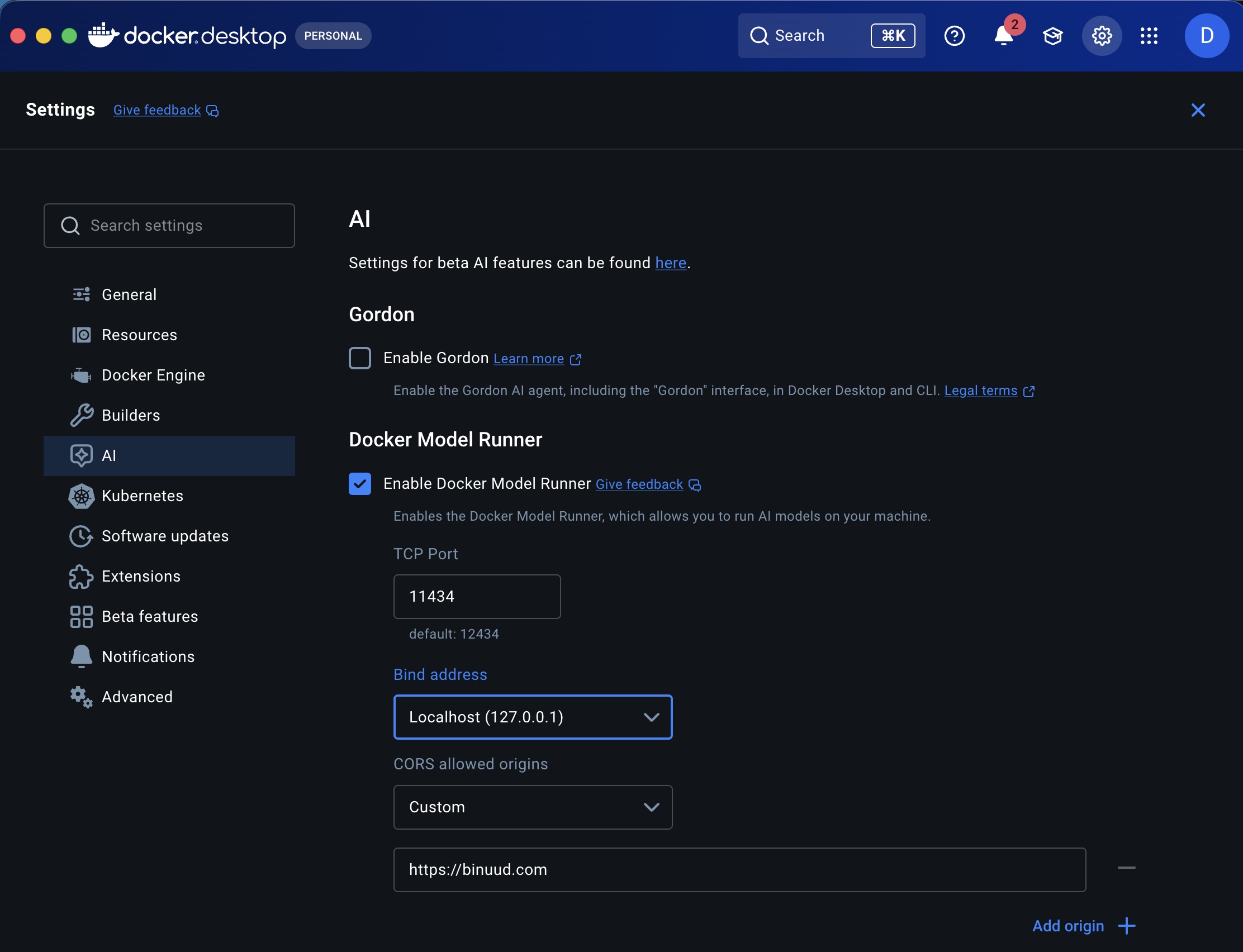 Docker settings to enable CORS Docker Settings.